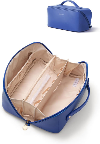 Travel Makeup Bag, Large Capacity Cosmetic Bag for Women, Waterproof PU Leather, Flat Open Portable Toiletry Bag for Skincare, Brushes & Travel Essentials - Colors A