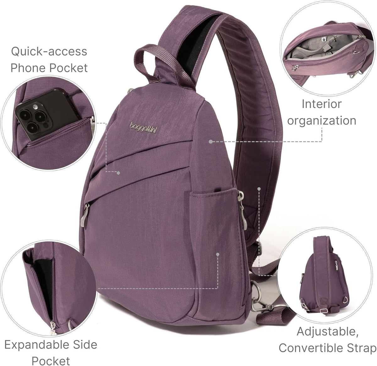 Medium Sling Backpack - 9"x11" Lightweight Sling Bag with Convertible Adjustable Shoulder Strap