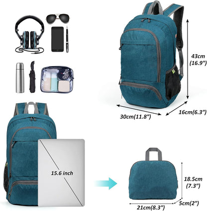 TANTOMI Ultra Lightweight Packable Backpack 25L - Foldable Hiking Daypack for Travel, Durable Camping Sports Bag & Carry On Essentials - Teal Blue