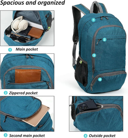 TANTOMI Ultra Lightweight Packable Backpack 25L - Foldable Hiking Daypack for Travel, Durable Camping Sports Bag & Carry On Essentials - Teal Blue