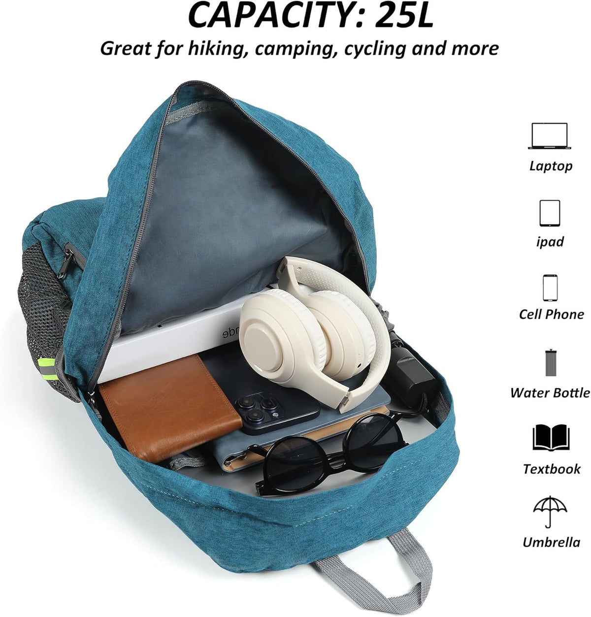 TANTOMI Ultra Lightweight Packable Backpack 25L - Foldable Hiking Daypack for Travel, Durable Camping Sports Bag & Carry On Essentials - Teal Blue