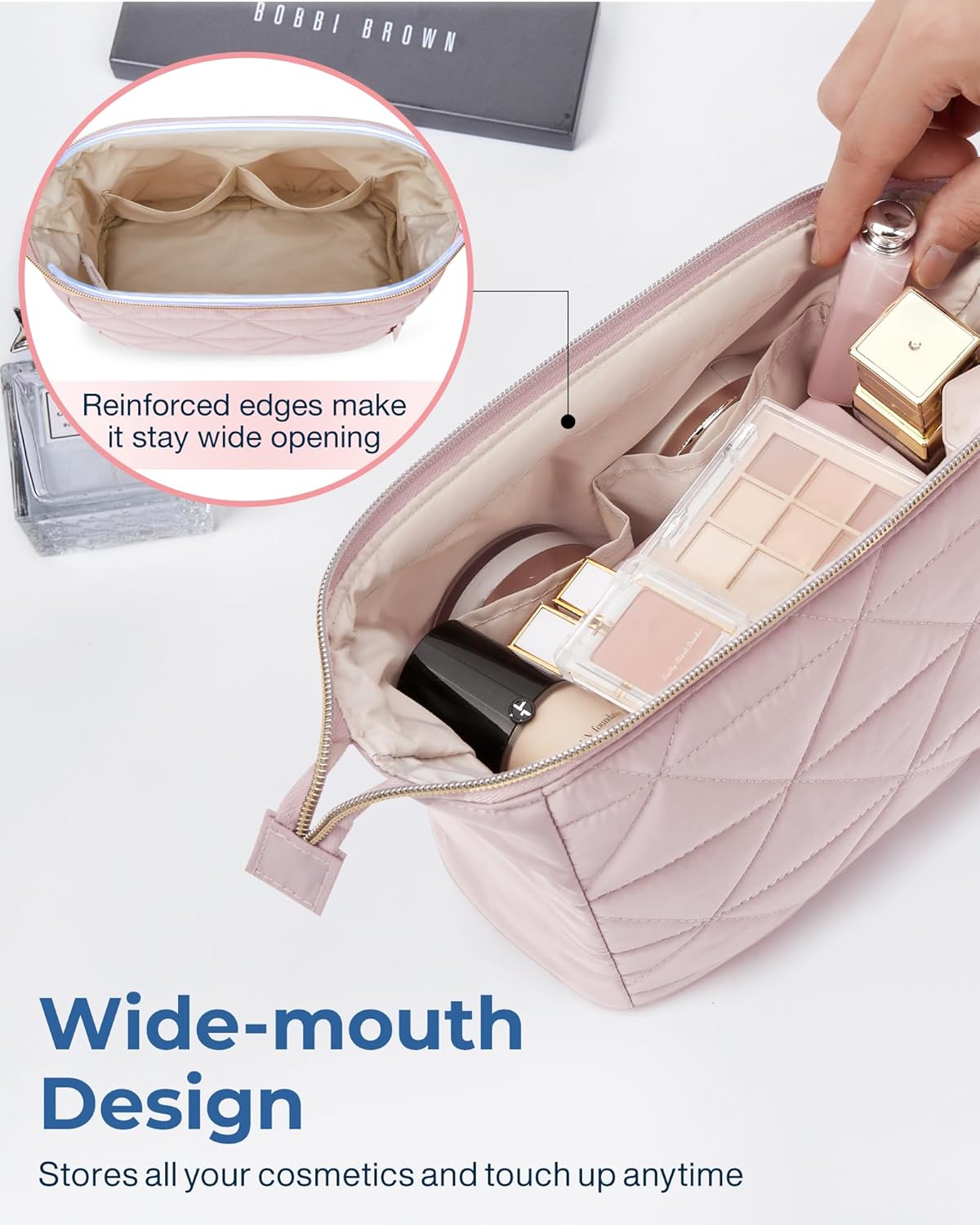 Makeup Bag Travel Cosmetic Bag, Puffy Padded Make Up Bags for Women Makeup Organizer Case, Wide-open Pouch Purse Travel Essentials Toiletries Accessories Brushes (Pink)