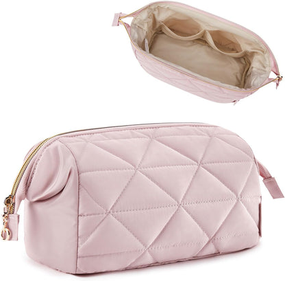 Makeup Bag Travel Cosmetic Bag, Puffy Padded Make Up Bags for Women Makeup Organizer Case, Wide-open Pouch Purse Travel Essentials Toiletries Accessories Brushes (Pink)