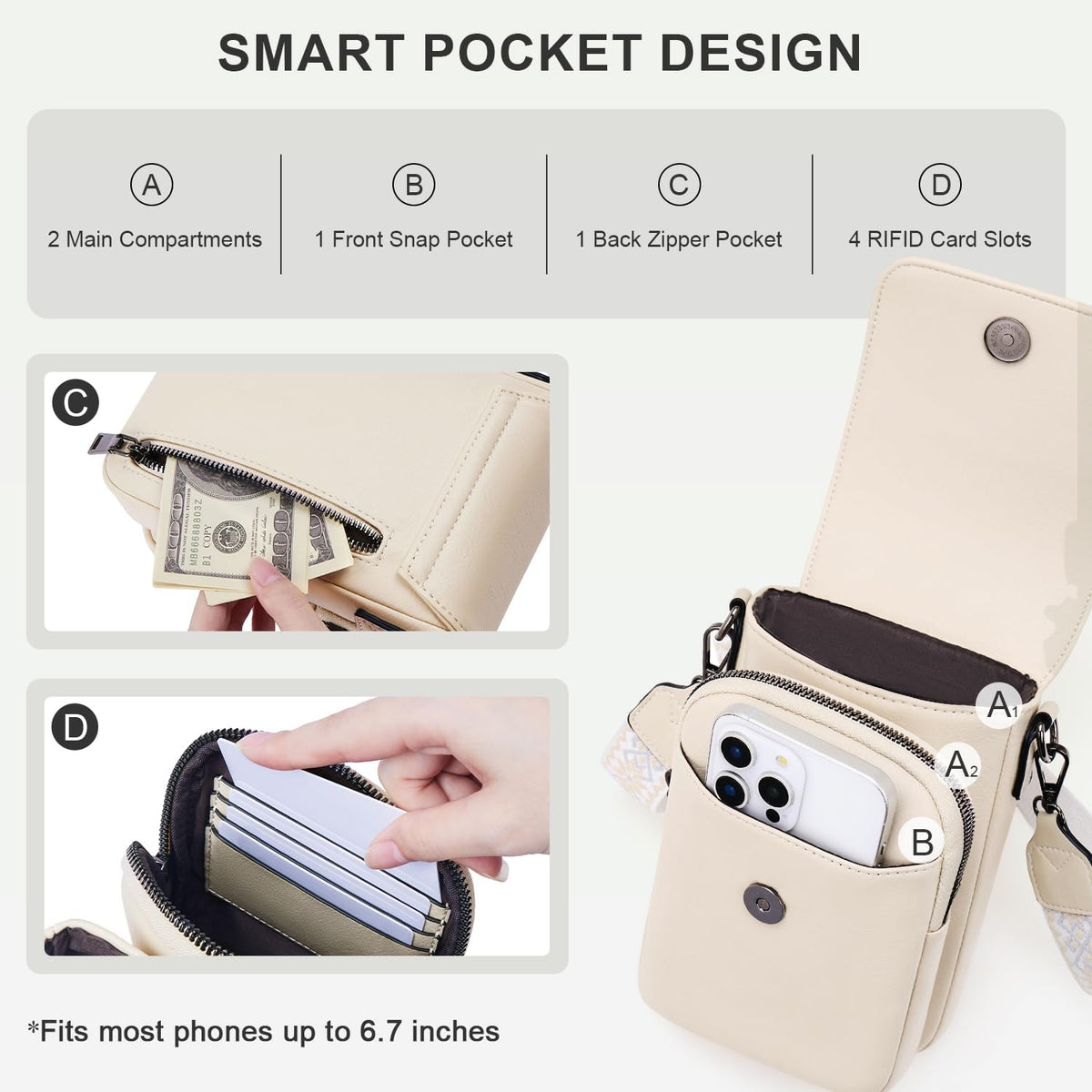POIUGOYA Crossbody Bags for Women,Small Crossbody Purse with Triple Compartments,Cell Phone Wallet with Card Slots for Travel | Small