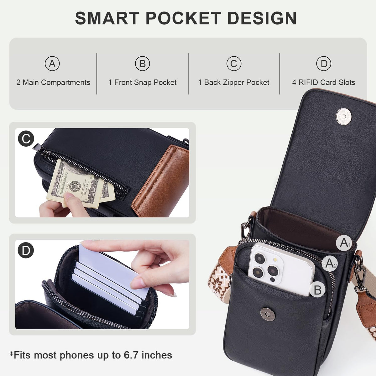 POIUGOYA Crossbody Bags for Women,Small Crossbody Purse with Triple Compartments,Cell Phone Wallet with Card Slots for Travel | Small