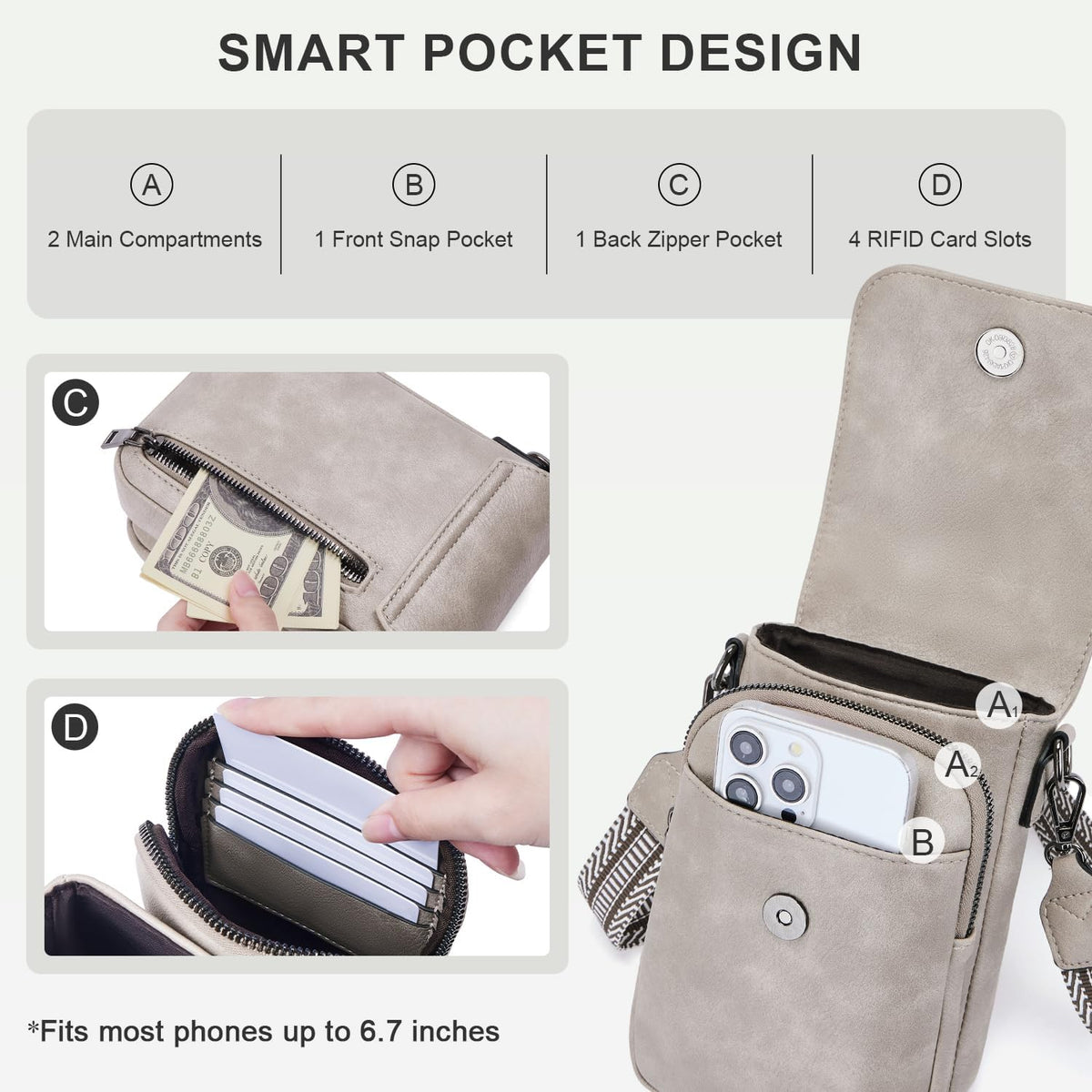 POIUGOYA Crossbody Bags for Women,Small Crossbody Purse with Triple Compartments,Cell Phone Wallet with Card Slots for Travel | Small