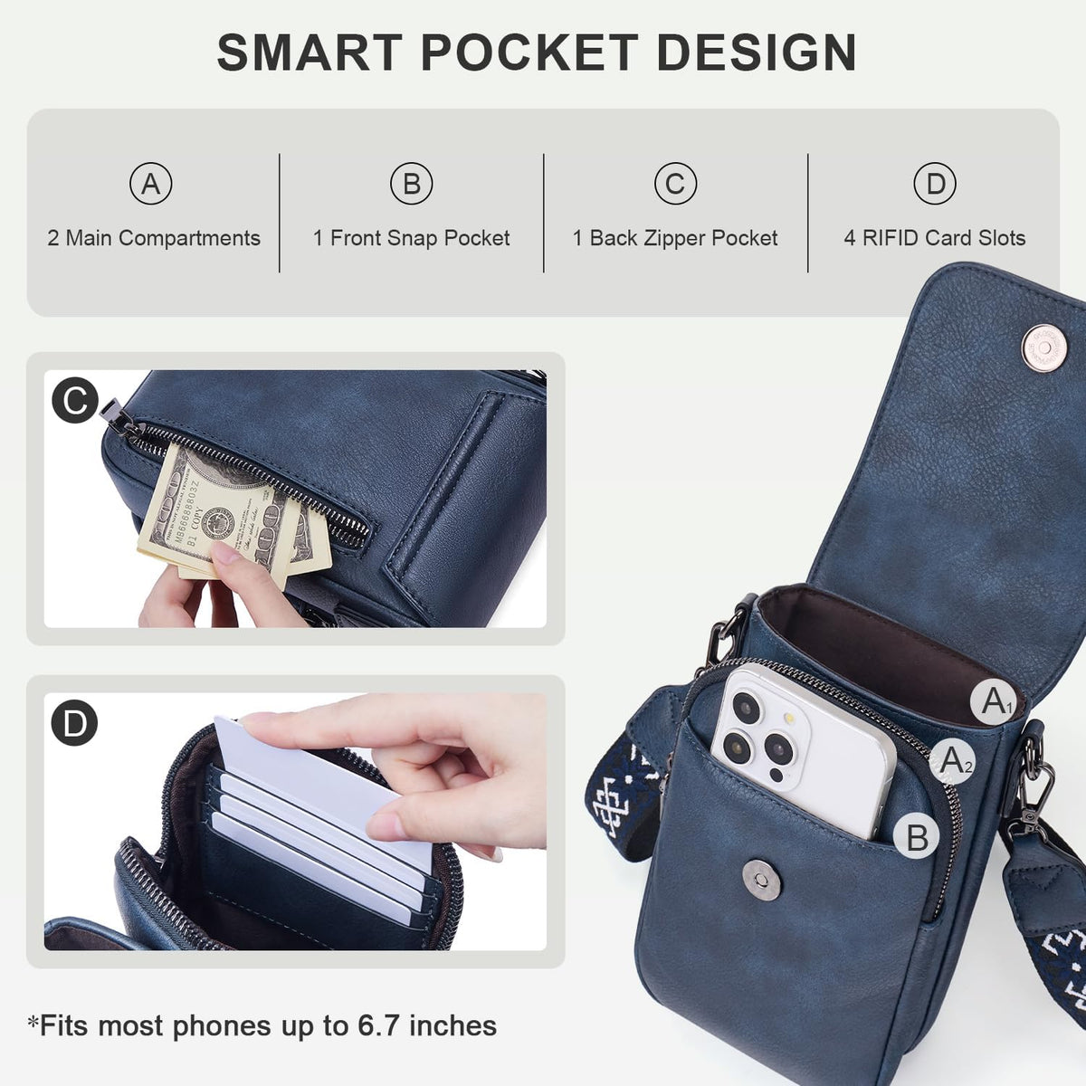 POIUGOYA Crossbody Bags for Women,Small Crossbody Purse with Triple Compartments,Cell Phone Wallet with Card Slots for Travel | Small