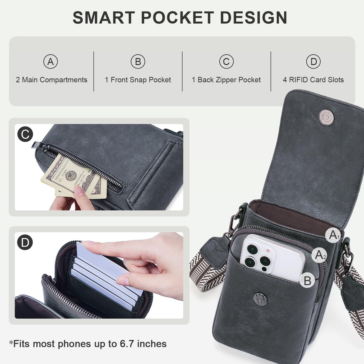 POIUGOYA Crossbody Bags for Women,Small Crossbody Purse with Triple Compartments,Cell Phone Wallet with Card Slots for Travel | Small