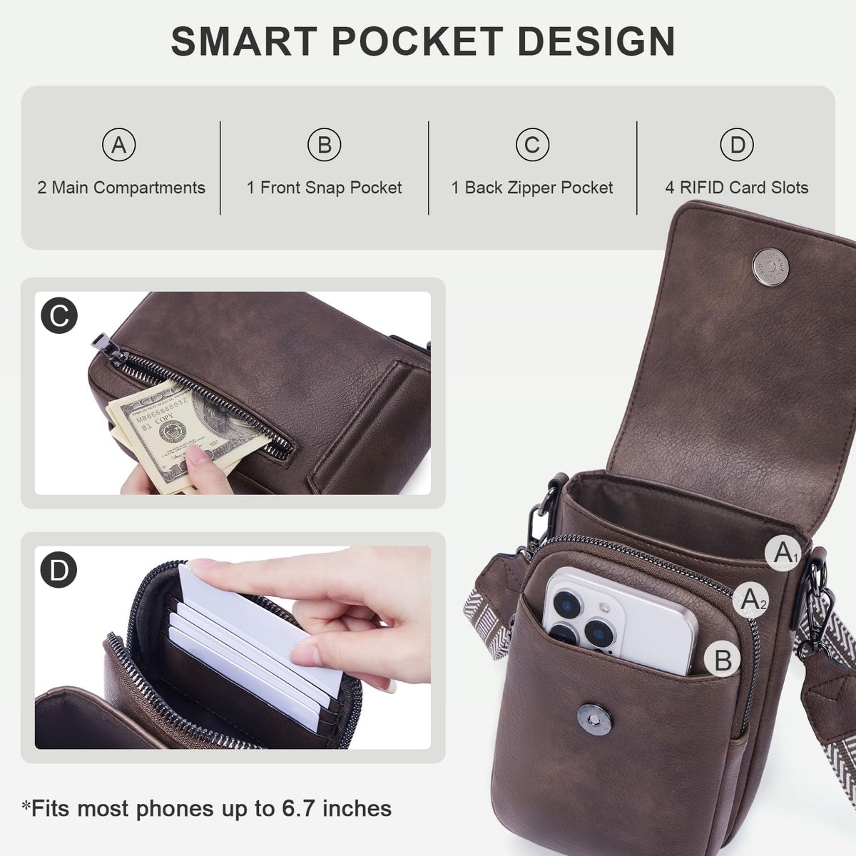 POIUGOYA Crossbody Bags for Women,Small Crossbody Purse with Triple Compartments,Cell Phone Wallet with Card Slots for Travel | Small