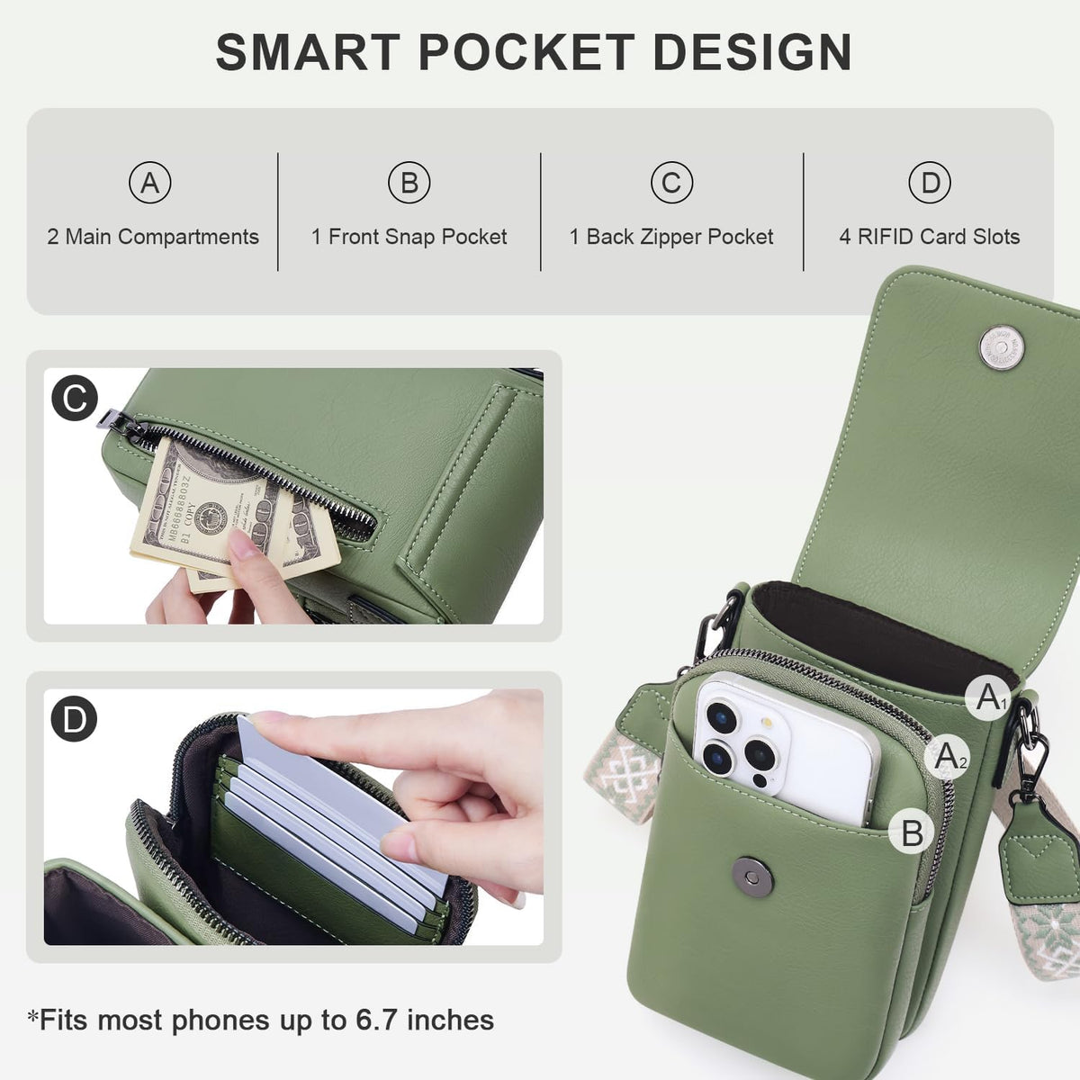 POIUGOYA Crossbody Bags for Women,Small Crossbody Purse with Triple Compartments,Cell Phone Wallet with Card Slots for Travel | Small