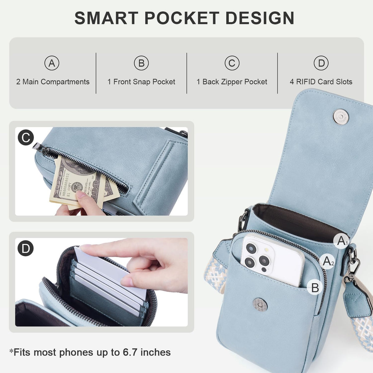 POIUGOYA Crossbody Bags for Women,Small Crossbody Purse with Triple Compartments,Cell Phone Wallet with Card Slots for Travel | Small