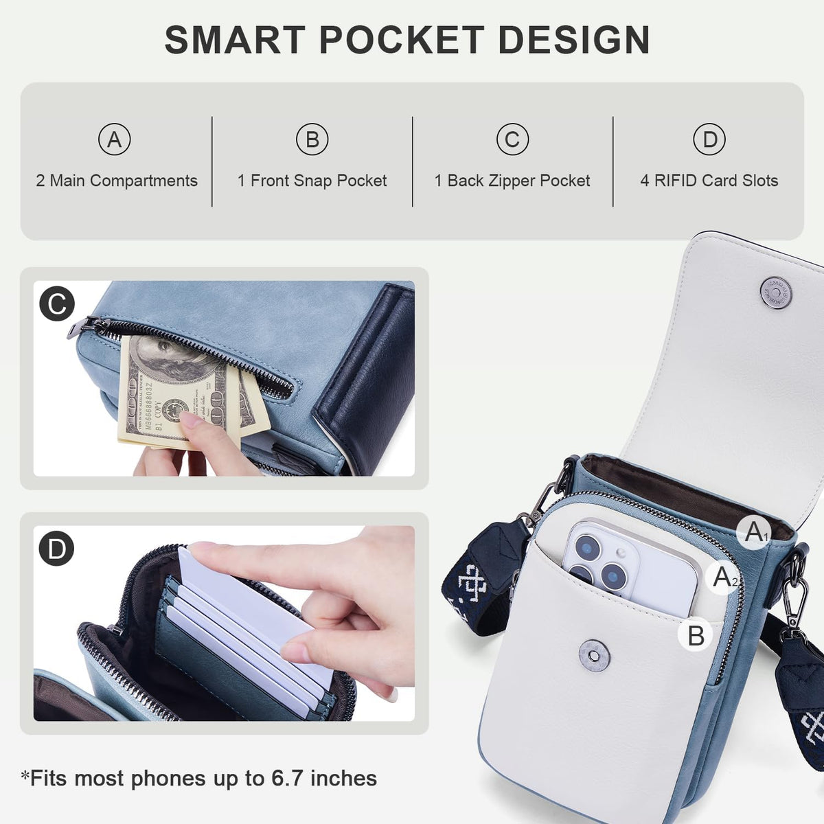 POIUGOYA Crossbody Bags for Women,Small Crossbody Purse with Triple Compartments,Cell Phone Wallet with Card Slots for Travel | Small