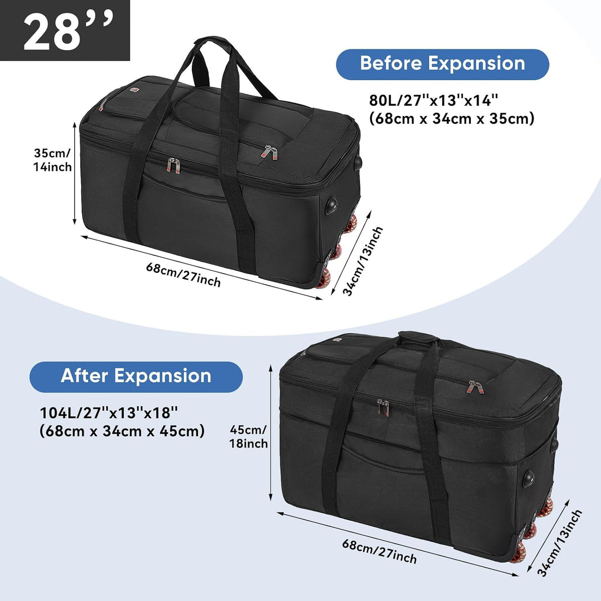 32-inch Rolling Duffle Bag with Wheels and Handle, 105L-130L Expandable Water-resistant Travel Bag, Foldable Travel Bag with 3 Spinner Wheels(Grey,XL)