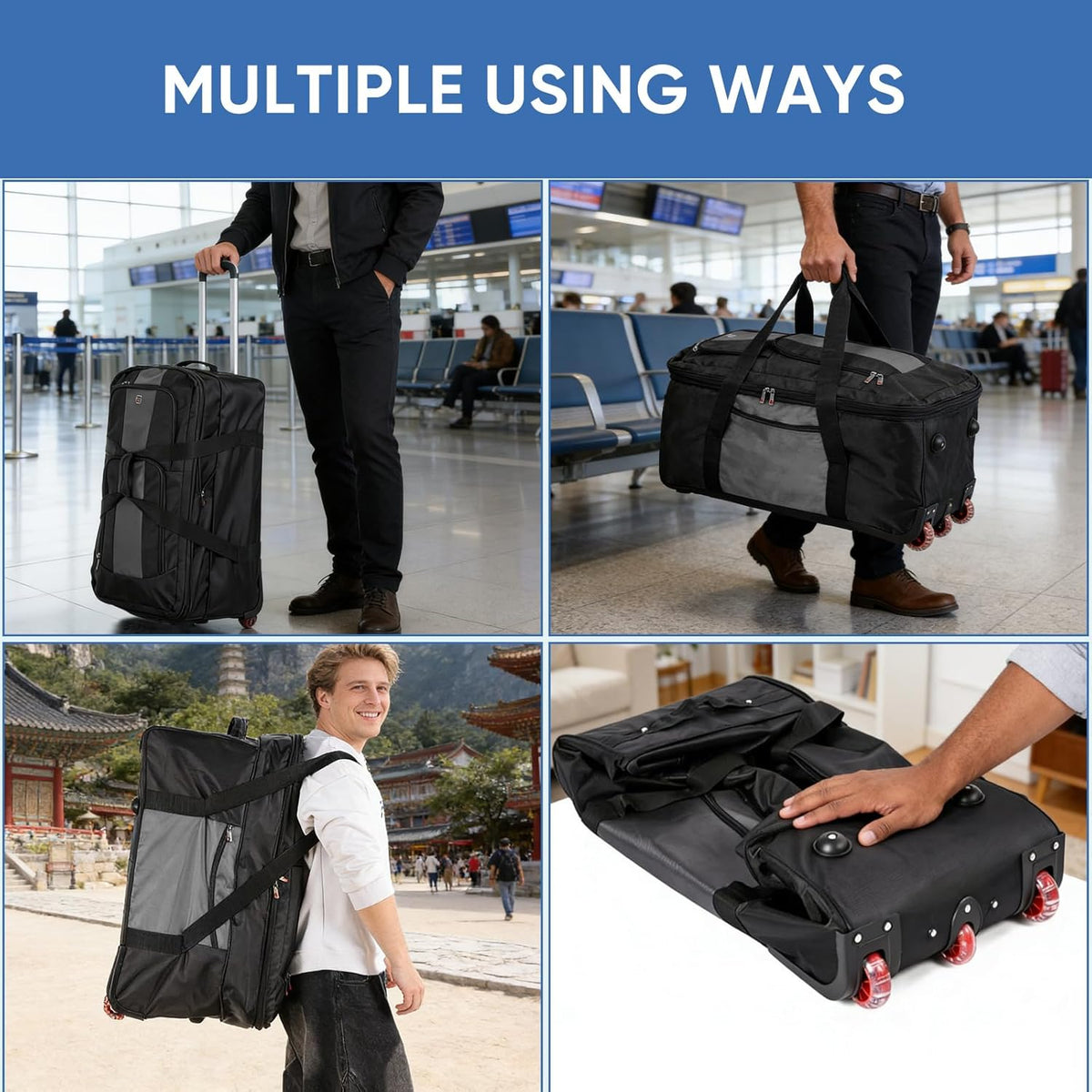 32-inch Rolling Duffle Bag with Wheels and Handle, 105L-130L Expandable Water-resistant Travel Bag, Foldable Travel Bag with 3 Spinner Wheels(Grey,XL)