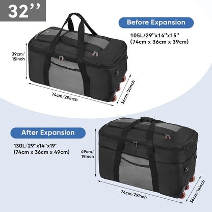 32-inch Rolling Duffle Bag with Wheels and Handle, 105L-130L Expandable Water-resistant Travel Bag, Foldable Travel Bag with 3 Spinner Wheels(Grey,XL)
