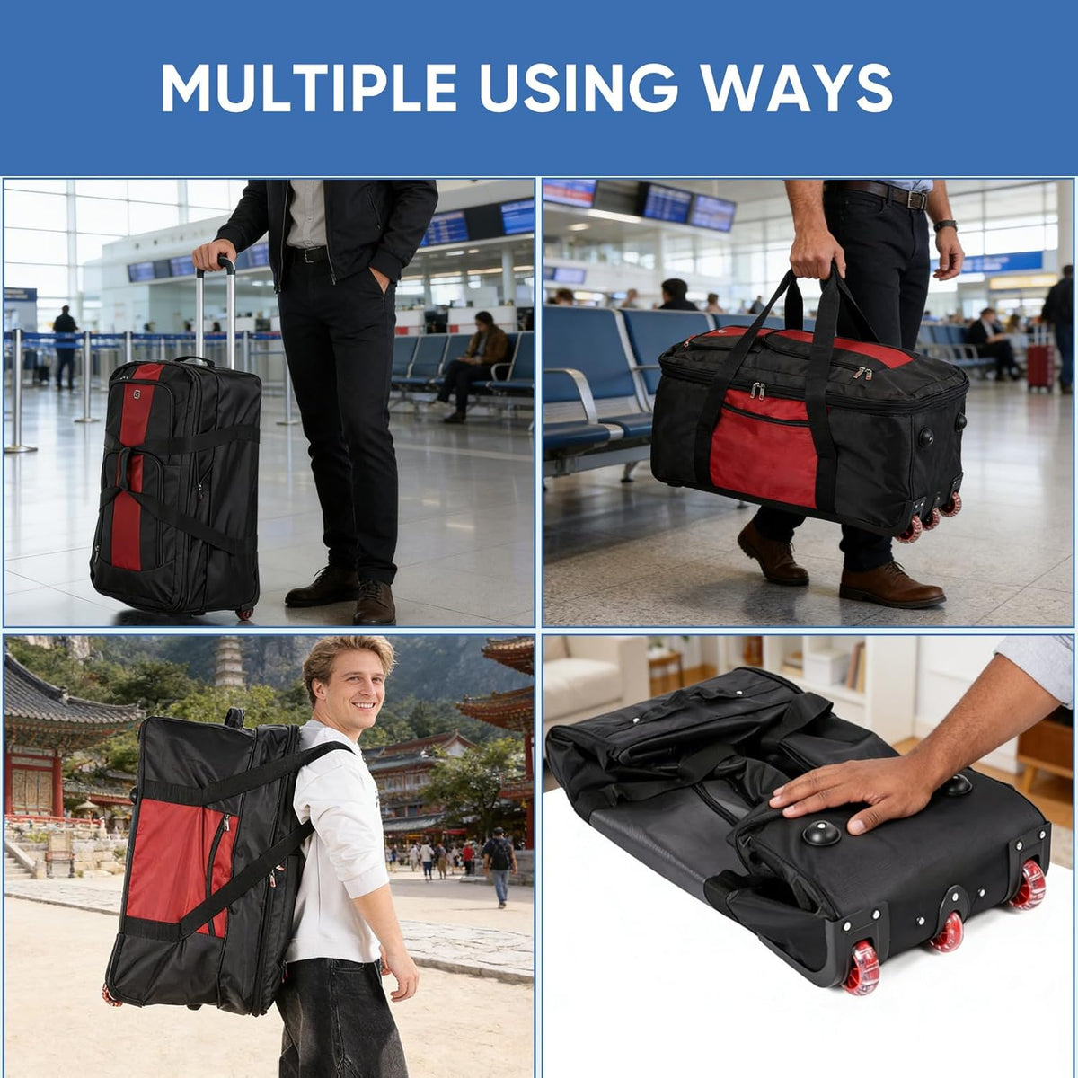 32-inch Rolling Duffle Bag with Wheels and Handle, 105L-130L Expandable Water-resistant Travel Bag, Foldable Travel Bag with 3 Spinner Wheels(Grey,XL)