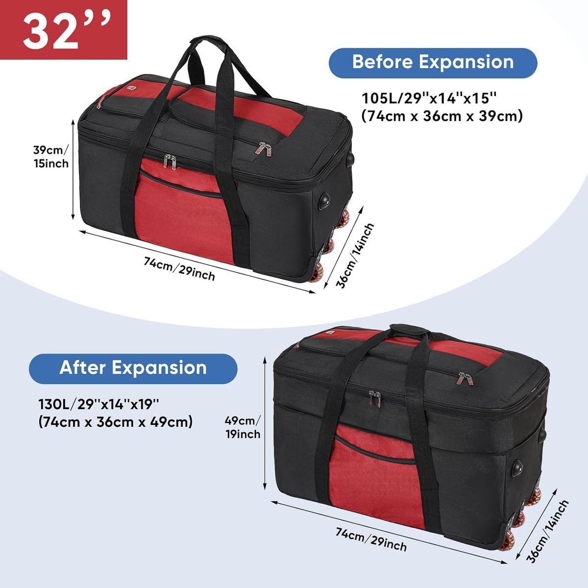 32-inch Rolling Duffle Bag with Wheels and Handle, 105L-130L Expandable Water-resistant Travel Bag, Foldable Travel Bag with 3 Spinner Wheels(Grey,XL)