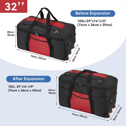 32-inch Rolling Duffle Bag with Wheels and Handle, 105L-130L Expandable Water-resistant Travel Bag, Foldable Travel Bag with 3 Spinner Wheels(Grey,XL)