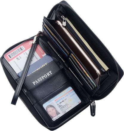Travel Document Organizer RFID Blocking Leather Multiple Passport Wallet Family Holder Id Wrist Strap(Wine Red)
