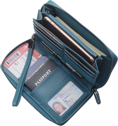Travel Document Organizer RFID Blocking Leather Multiple Passport Wallet Family Holder Id Wrist Strap(Wine Red)