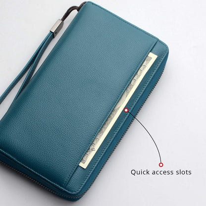 Travel Document Organizer RFID Blocking Leather Multiple Passport Wallet Family Holder Id Wrist Strap(Wine Red)