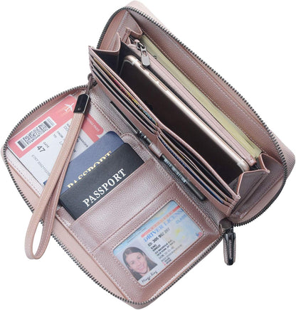 Travel Document Organizer RFID Blocking Leather Multiple Passport Wallet Family Holder Id Wrist Strap(Wine Red)