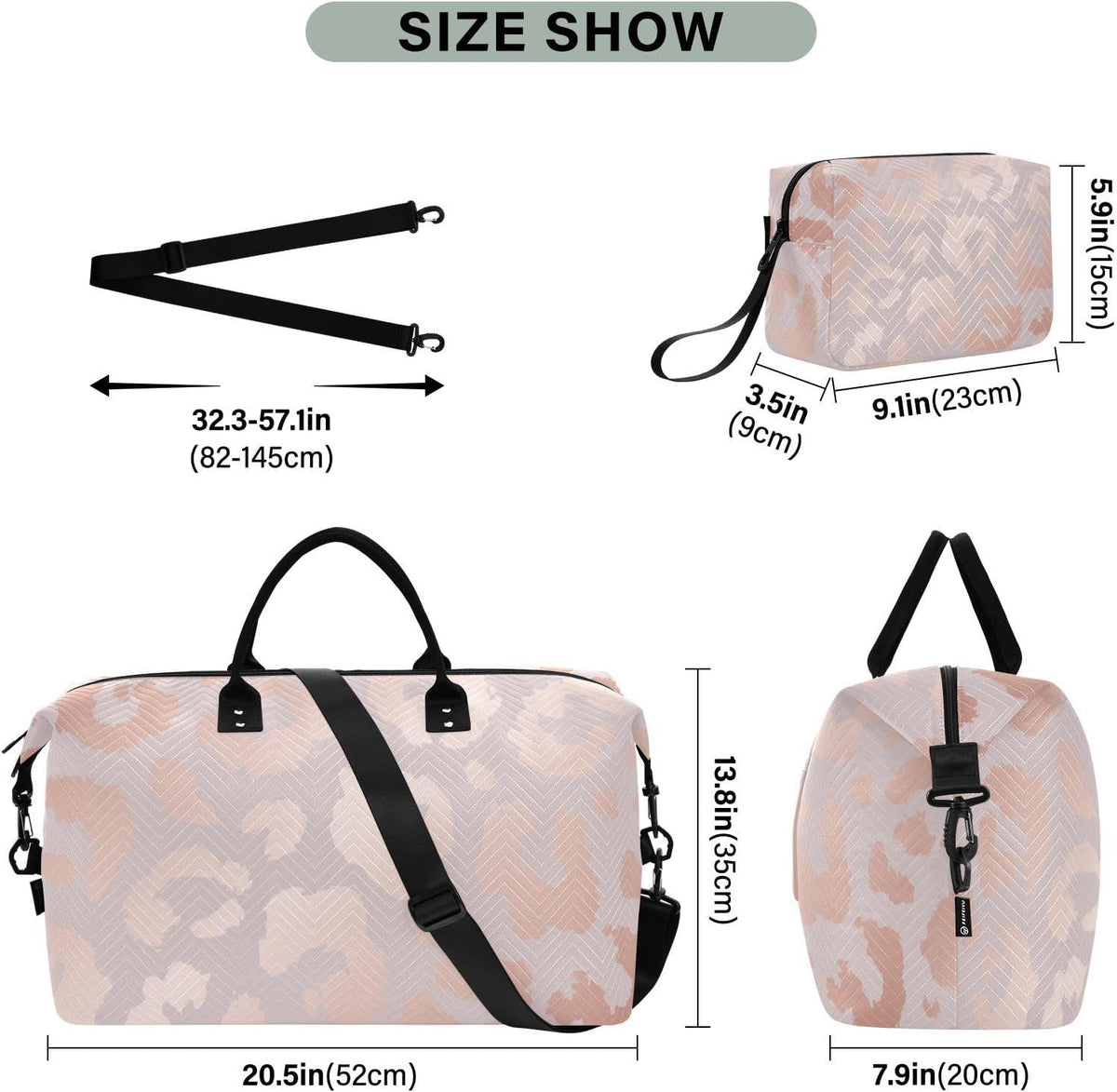 Rose Gold Leopard Print Travel Duffel Sport Tote Gym Weekender Overnight Carry On Fitness Dance Go-To Daily Bag