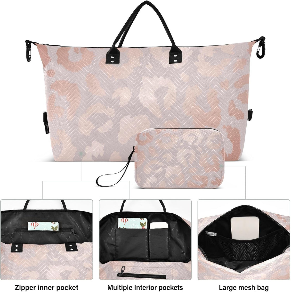 Rose Gold Leopard Print Travel Duffel Sport Tote Gym Weekender Overnight Carry On Fitness Dance Go-To Daily Bag