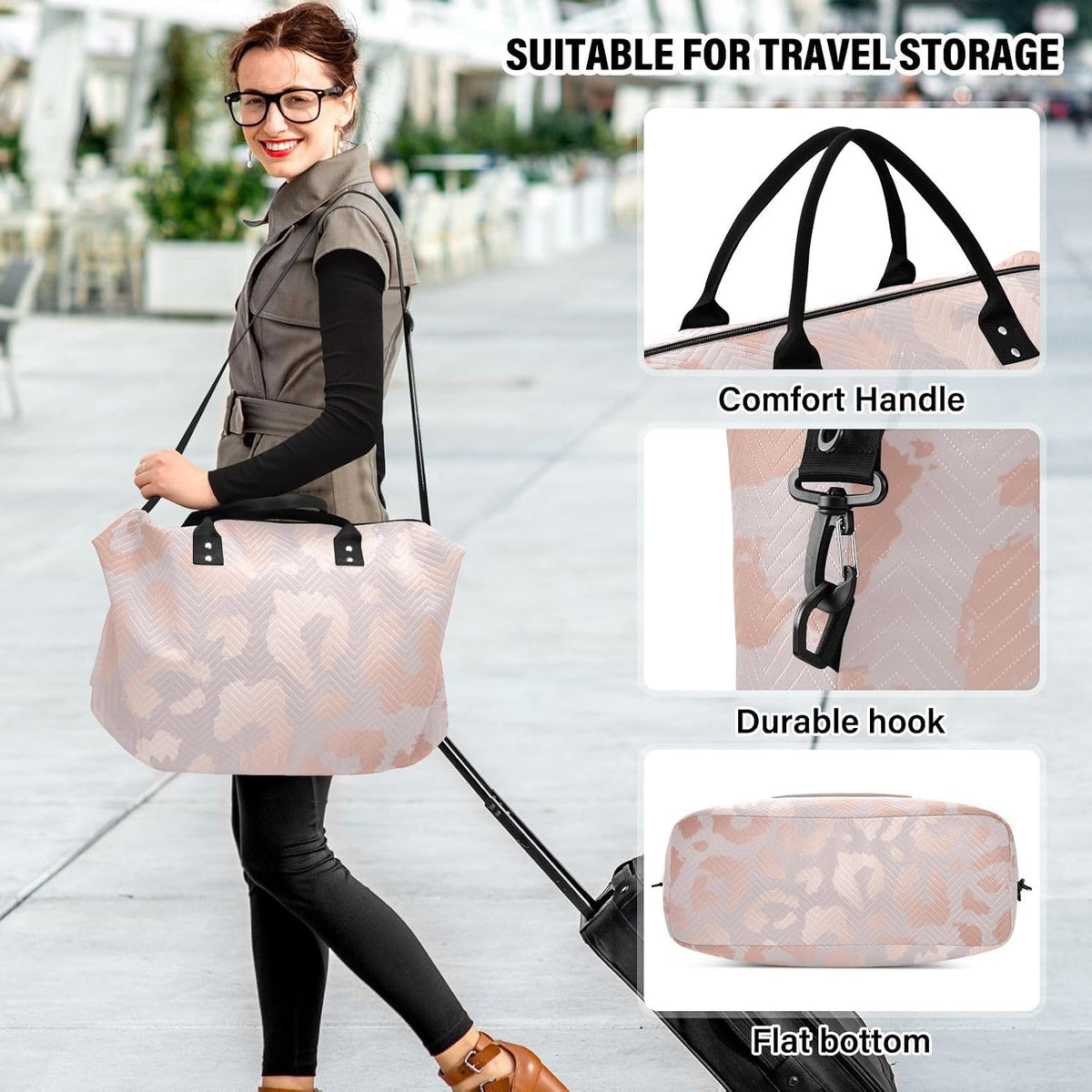 Rose Gold Leopard Print Travel Duffel Sport Tote Gym Weekender Overnight Carry On Fitness Dance Go-To Daily Bag