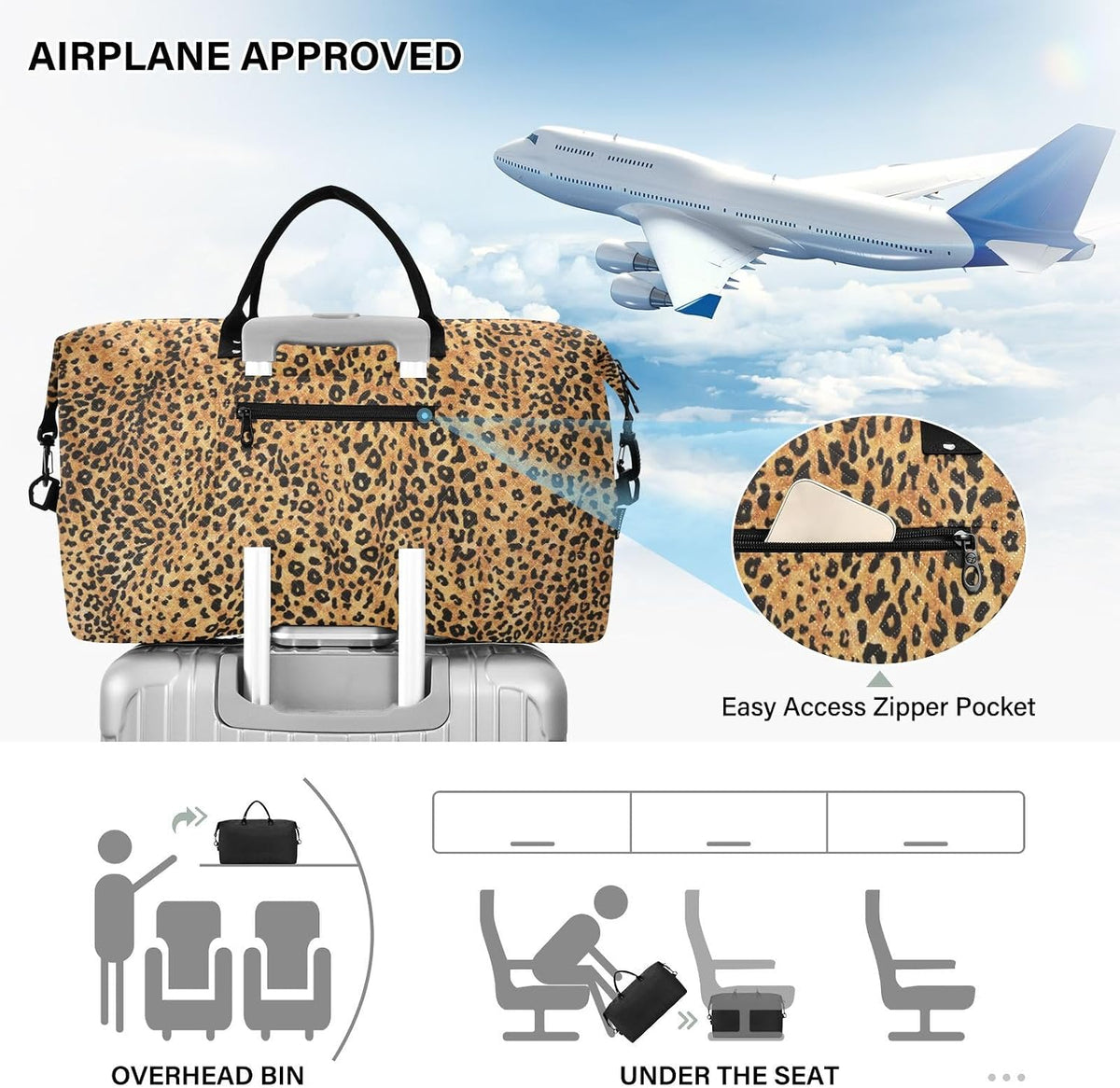 Rose Gold Leopard Print Travel Duffel Sport Tote Gym Weekender Overnight Carry On Fitness Dance Go-To Daily Bag