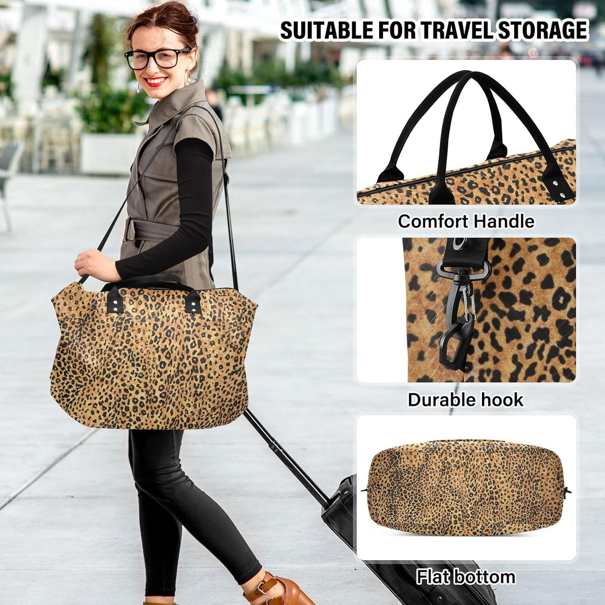 Rose Gold Leopard Print Travel Duffel Sport Tote Gym Weekender Overnight Carry On Fitness Dance Go-To Daily Bag