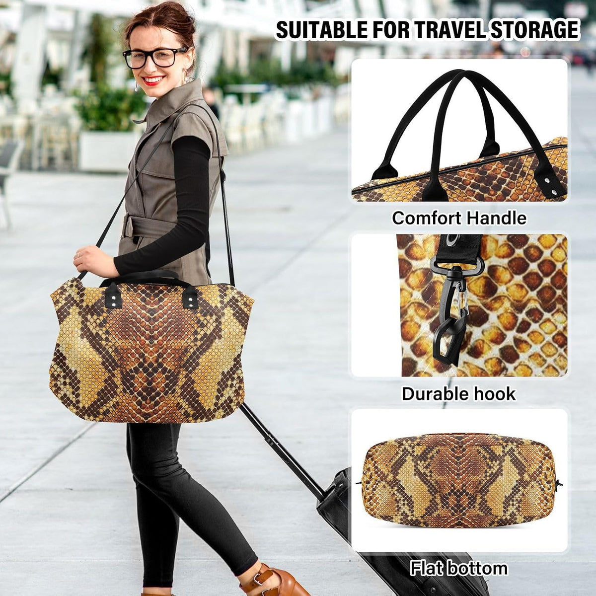 Rose Gold Leopard Print Travel Duffel Sport Tote Gym Weekender Overnight Carry On Fitness Dance Go-To Daily Bag