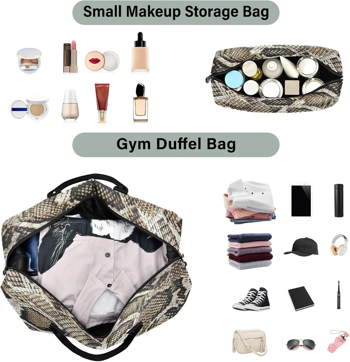 Rose Gold Leopard Print Travel Duffel Sport Tote Gym Weekender Overnight Carry On Fitness Dance Go-To Daily Bag