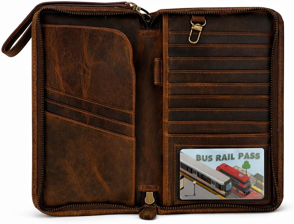 Brown Leather Passport Holder Travel Document Organizer Wallet with Card Slots ID Window Zipper Closure for Multi Passport Storage Travel Use (5 x 9)
