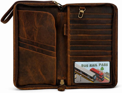 Brown Leather Passport Holder Travel Document Organizer Wallet with Card Slots ID Window Zipper Closure for Multi Passport Storage Travel Use (5 x 9)