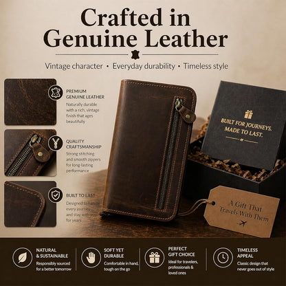 Brown Leather Passport Holder Travel Document Organizer Wallet with Card Slots ID Window Zipper Closure for Multi Passport Storage Travel Use (5 x 9)
