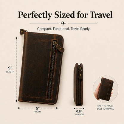 Brown Leather Passport Holder Travel Document Organizer Wallet with Card Slots ID Window Zipper Closure for Multi Passport Storage Travel Use (5 x 9)
