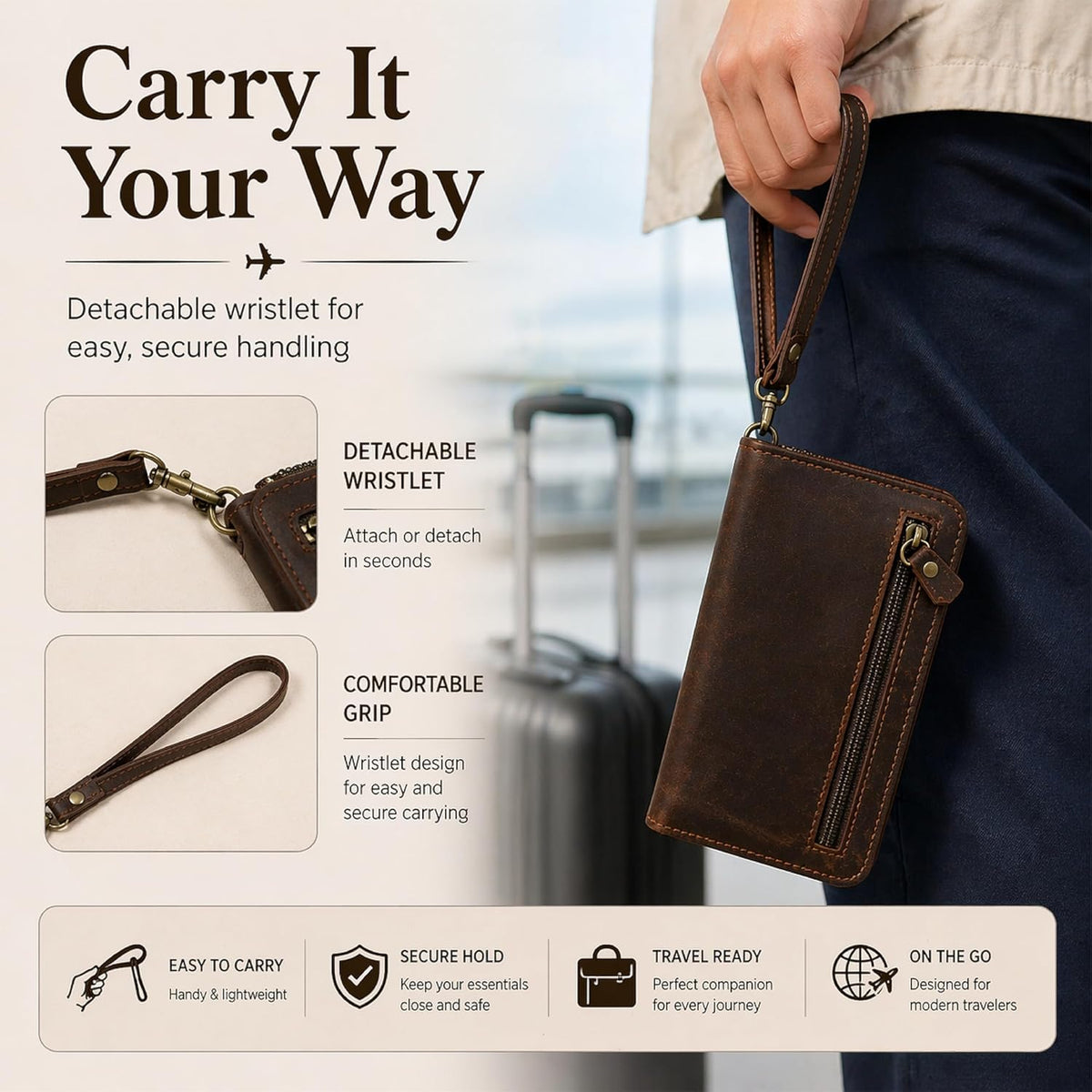 Brown Leather Passport Holder Travel Document Organizer Wallet with Card Slots ID Window Zipper Closure for Multi Passport Storage Travel Use (5 x 9)
