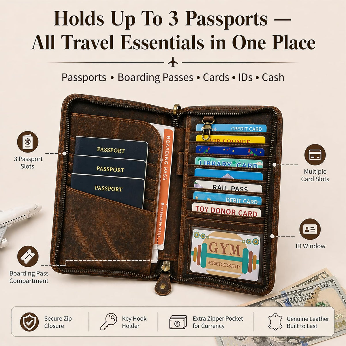 Brown Leather Passport Holder Travel Document Organizer Wallet with Card Slots ID Window Zipper Closure for Multi Passport Storage Travel Use (5 x 9)