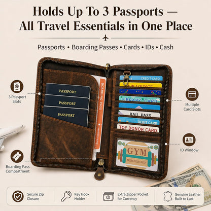 Brown Leather Passport Holder Travel Document Organizer Wallet with Card Slots ID Window Zipper Closure for Multi Passport Storage Travel Use (5 x 9)