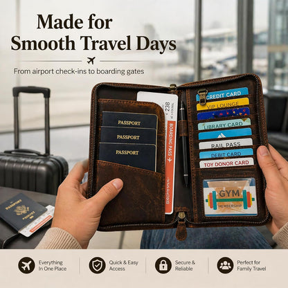 Brown Leather Passport Holder Travel Document Organizer Wallet with Card Slots ID Window Zipper Closure for Multi Passport Storage Travel Use (5 x 9)