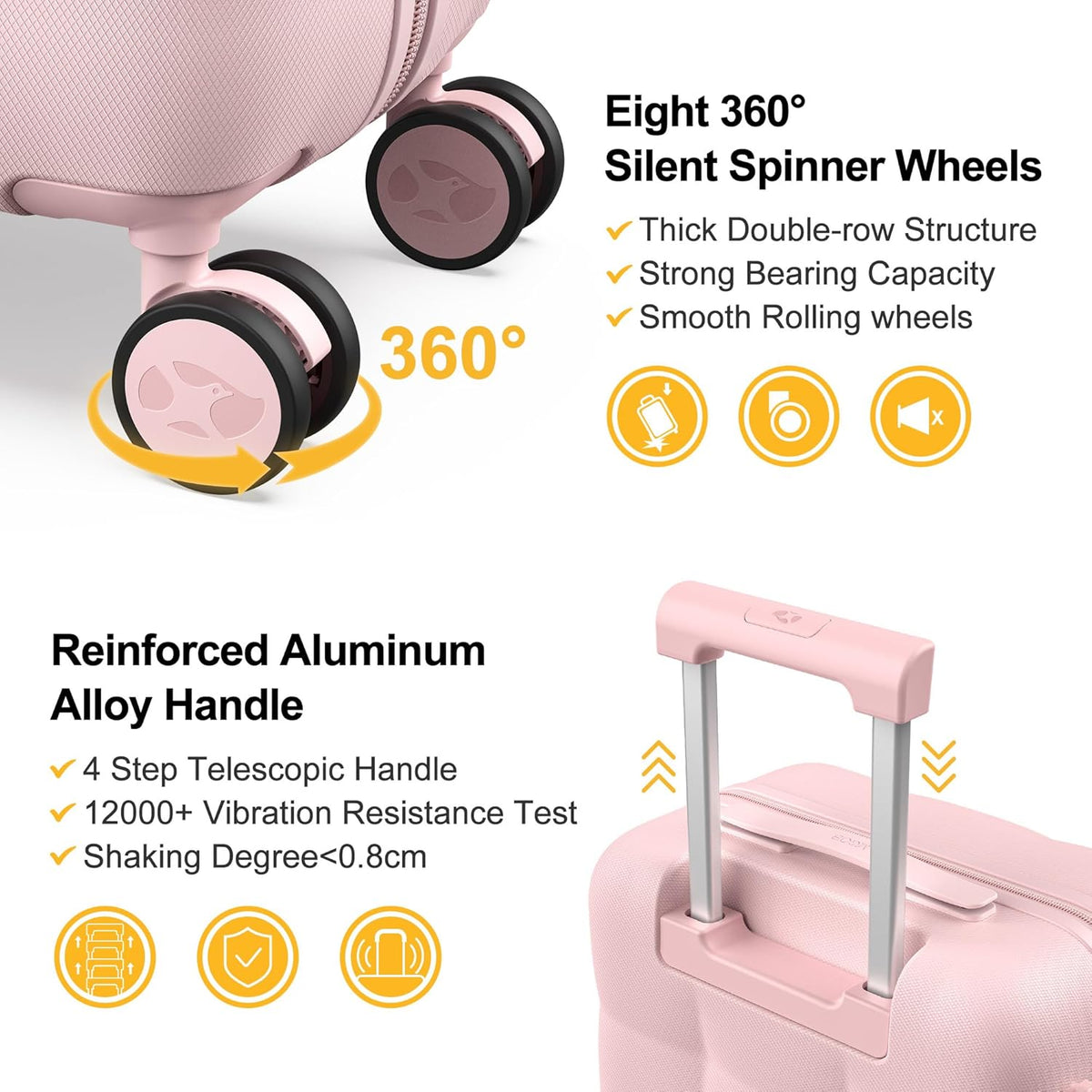 Hardshell Carry On Luggage with Spinner Wheels & Built-in TSA Lock,PC Durable Suitcase Rolling Luggage with Scratch-Resistant Surface, Pink