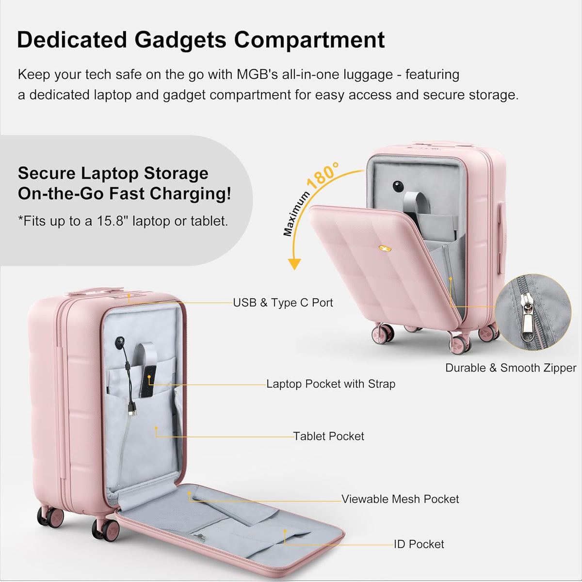 Hardshell Carry On Luggage with Spinner Wheels & Built-in TSA Lock,PC Durable Suitcase Rolling Luggage with Scratch-Resistant Surface, Pink