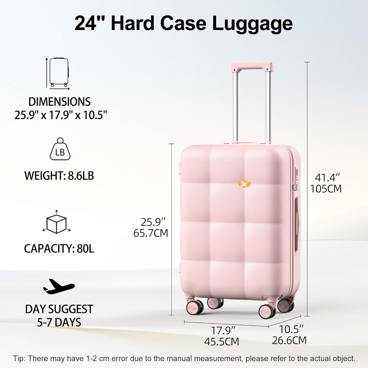 Hardshell Carry On Luggage with Spinner Wheels & Built-in TSA Lock,PC Durable Suitcase Rolling Luggage with Scratch-Resistant Surface, Pink