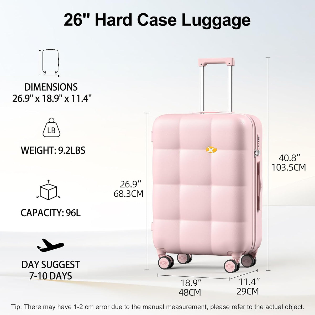 Hardshell Carry On Luggage with Spinner Wheels & Built-in TSA Lock,PC Durable Suitcase Rolling Luggage with Scratch-Resistant Surface, Pink