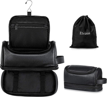 Hanging Toiletry Bag for Men PU Leather Shaving Dopp Kit, Brown | Water-Resistant Travel Organizer with Hanging Hook for Toiletries, Shaving Tools, Grooming Items, and Men’s Gifts