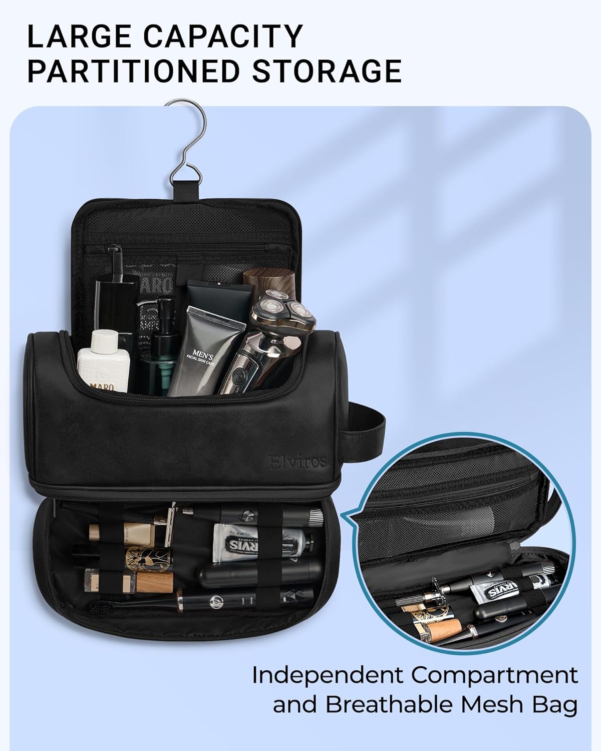 Hanging Toiletry Bag for Men PU Leather Shaving Dopp Kit, Brown | Water-Resistant Travel Organizer with Hanging Hook for Toiletries, Shaving Tools, Grooming Items, and Men’s Gifts