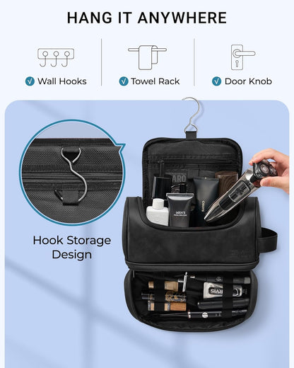 Hanging Toiletry Bag for Men PU Leather Shaving Dopp Kit, Brown | Water-Resistant Travel Organizer with Hanging Hook for Toiletries, Shaving Tools, Grooming Items, and Men’s Gifts
