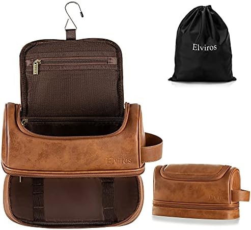 Hanging Toiletry Bag for Men PU Leather Shaving Dopp Kit, Brown | Water-Resistant Travel Organizer with Hanging Hook for Toiletries, Shaving Tools, Grooming Items, and Men’s Gifts