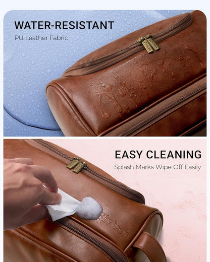 Hanging Toiletry Bag for Men PU Leather Shaving Dopp Kit, Brown | Water-Resistant Travel Organizer with Hanging Hook for Toiletries, Shaving Tools, Grooming Items, and Men’s Gifts